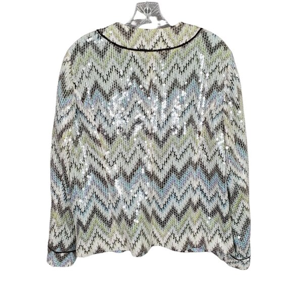 Chicos 2 Size L Jacket Sequin Blazer Zig-Zag Shimmer Chevron Fitted Sparkle - Picture 2 of 7